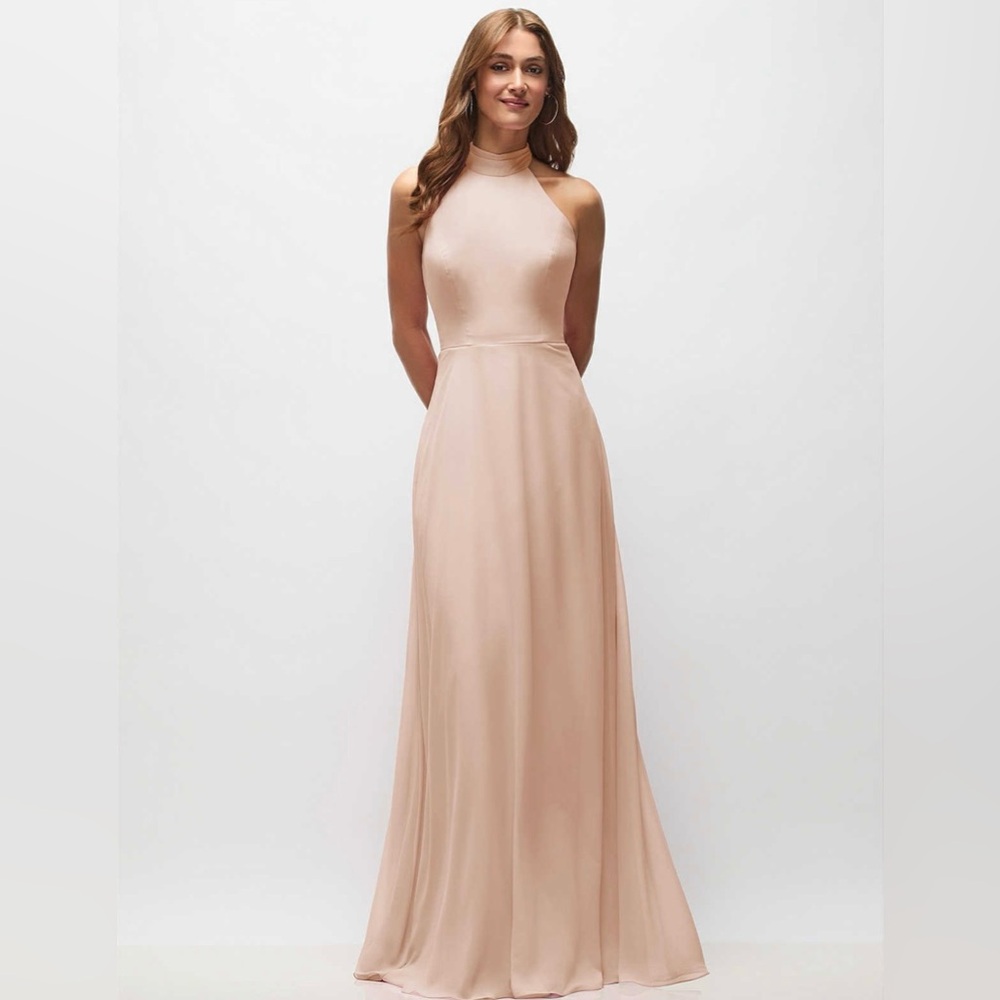Dessy Collection 1545 HIGH NECK HALTER BACKLESS MAXI DRESS IN CAMEO
